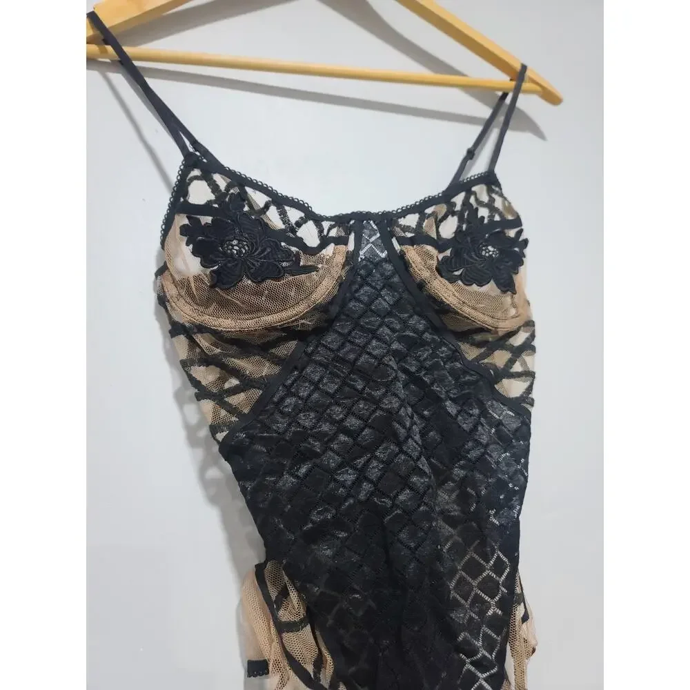 For Love & Lemons Delilah Skivvies Black Nude Floral Lace Underwire Bodysuit M